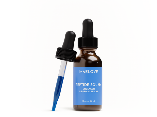 A bottle with a dropper next to it filled with blue liquid against a white background.