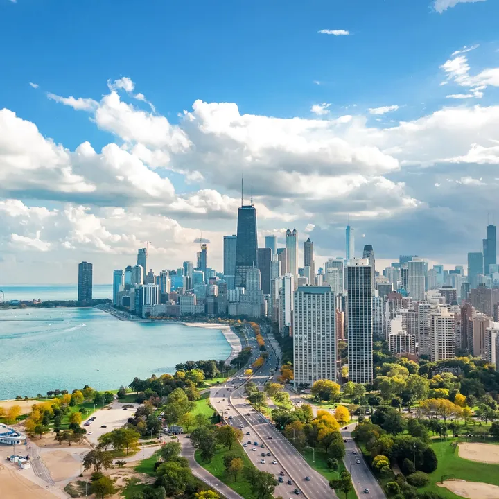 Chicago skyline aerial drone view from above, lake Michigan and city of Chicago downtown skyscrapers.