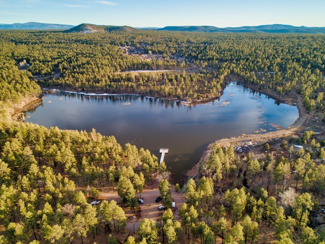 An aerial view over Woodland Lake in Arizona framed by green pine trees in all directions.