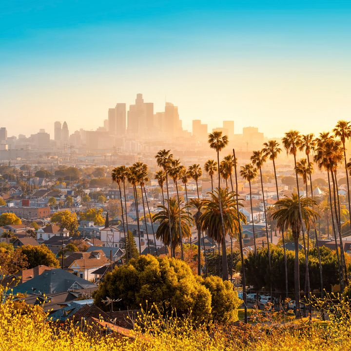 The skyline of Los Angeles during sunset.