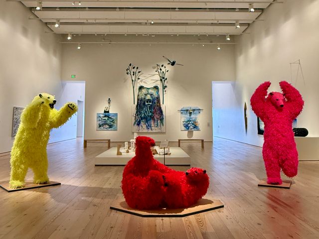 Colorful bear art is seen inside a museum gallery at the Anchorage Museum.