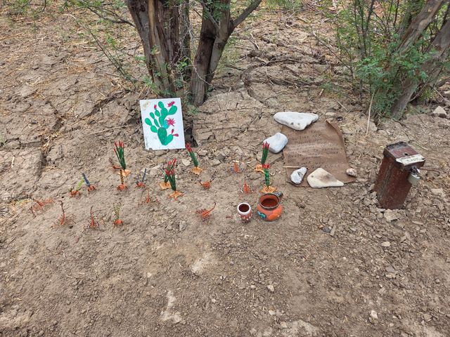 Small crafts for sale in Big Bend National Park set up on the ground with a sign asking $10 for each item or a donation.