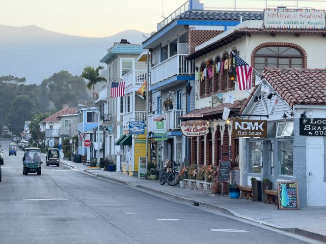 A street with golf carts driving on it lined with various restaurants and shops in Catalina Island.