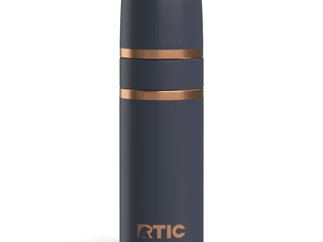 A dark grey and gold insulated tumbler against a white background.