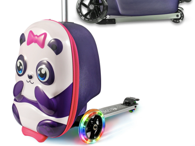 A TravelTotes Scooter Luggage with a panda in the front.