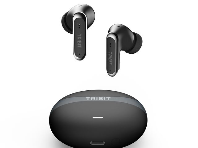 Black earbuds and a case against a white background.