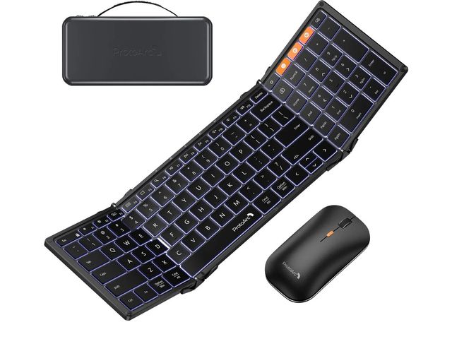 A black foldable keyboard, case, and a mouse, against a white background.