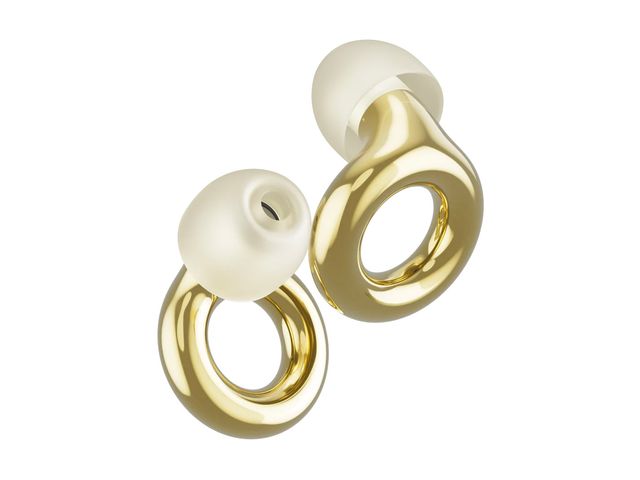 A pair of gold Loop earplugs with white caps. 