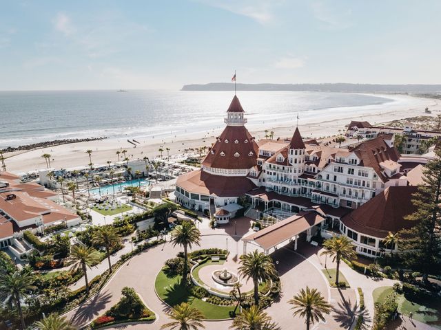 An aerial view of the red roofed Hotel del Coronado showcasing its beachfront location.