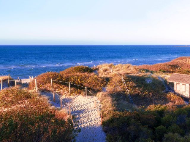 A sandy beach path winds along a grassy bluff above the ocean.