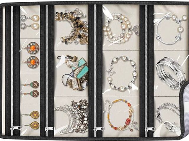 A hanging jewelry organizer with multiple zippered plastic clear pouches for storing jewelry.