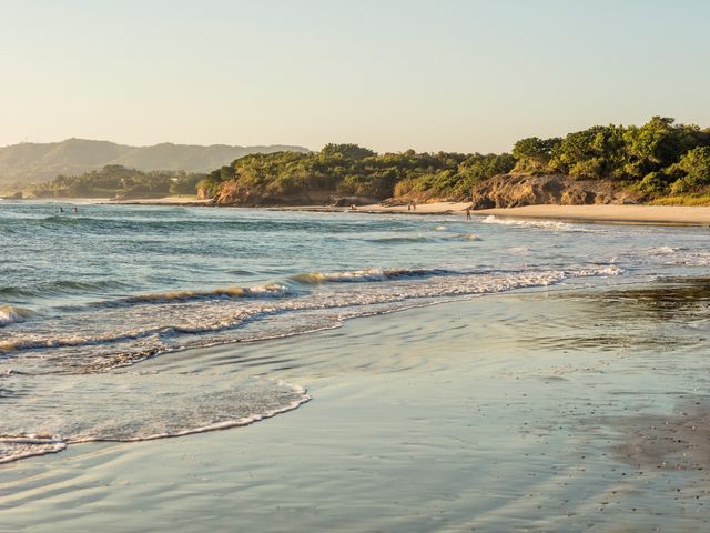 A calm beach with rolling gentle waves, gold sand, and low tree-lined bluffs.