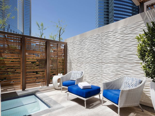 A small outdoor terrace with a small plunge pool amid high walls and skyscrapers behind.