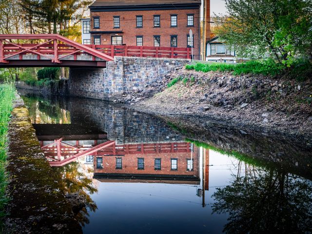 A building and bridge on the canal in New Hope, Pennsylvania.