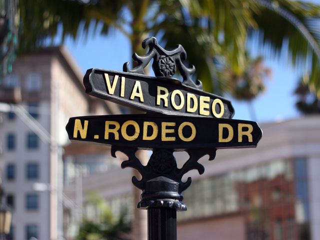 Intersecting signs with one that says N. Rodeo Dr. and one that says Via Rodeo.