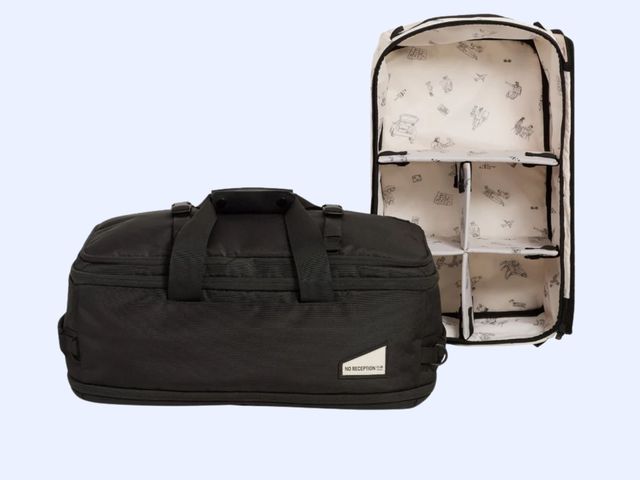 A black duffel with an organizer insert standing next to it, against a blue background.