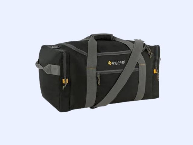 A black duffel with its straps wrapped around it, labeled 'outdoor' against a blue background.