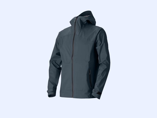 A black zip-up rain jacket with a hood against a blue background.