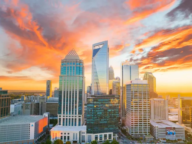 The Charlotte skyline at sunset.