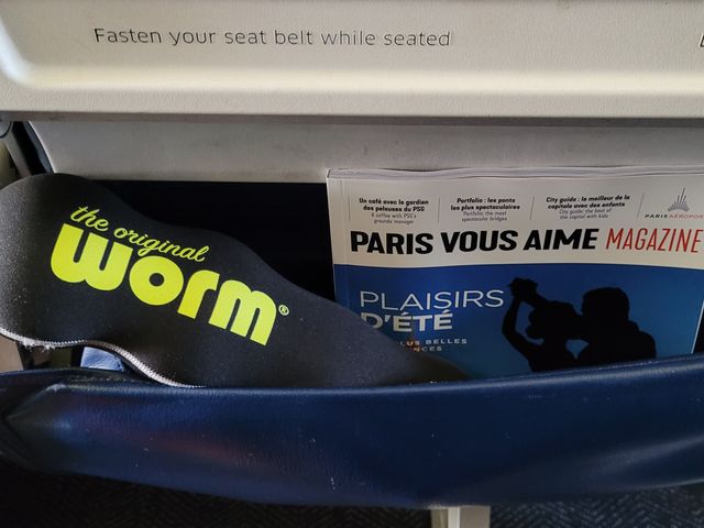 A worm-shaped pillow tucked into the seatback pocket of an airplane.