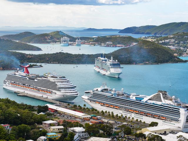 Many cruise ships are seen in the harbor of St. Thomas.