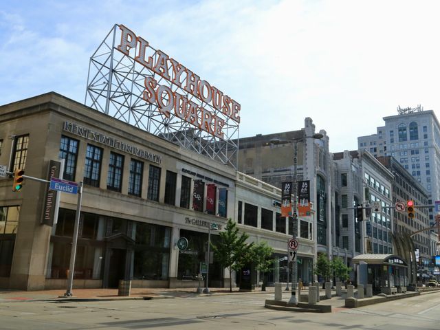 The exterior buildings of Playhouse Square as seen from the street in Cleveland.