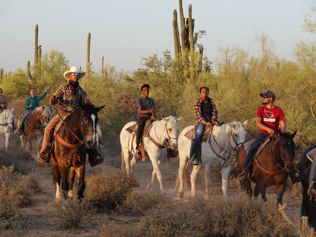 A group of horseback riders on a trail through the desert surrounded by cacti in Scottsdale.