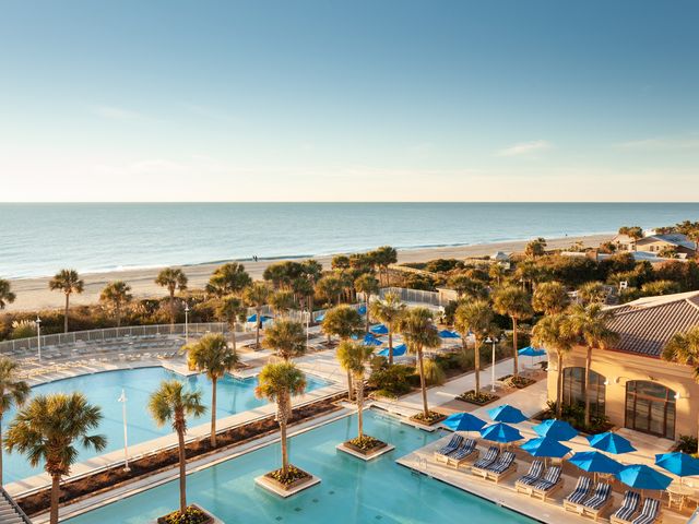 The beach and pool area surrounded by palm trees at Marriott Myrtle Beach Resort & Spa at Grande Dunes.