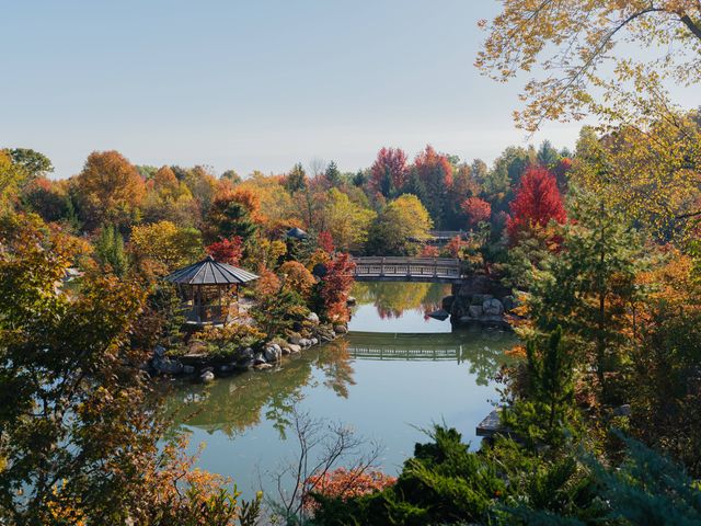 A view over a body of water with a pretty bridge crossing over it and colorful autumnal trees on either side.