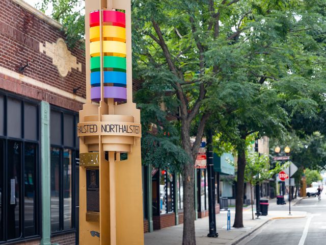 A street in Chicago's Boystown with rainbow detailing.