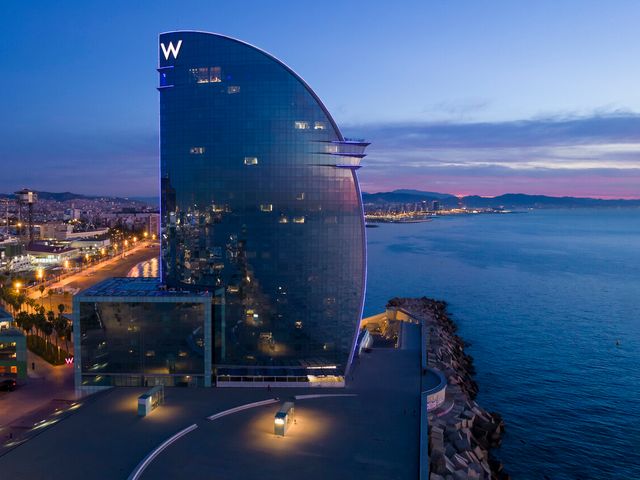Exterior view of sail-shaped W Hotel in Barcelona, Spain