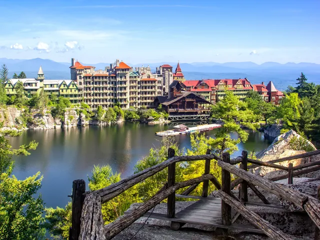 A view of Mohonk Mountain resort as seen from the other side of the river.