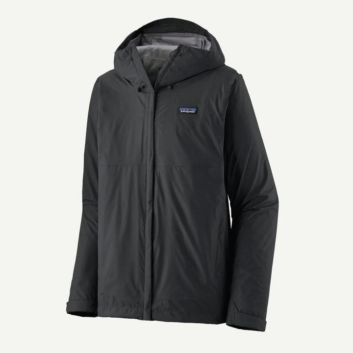 A balck Patagonia Torrentshell 3L Rain Jacket against a white background.