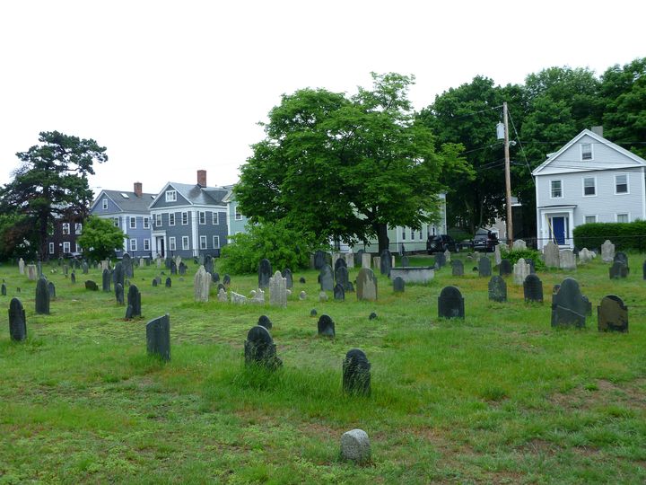 A graveyard in Salem, MA, with high grass and houses in the background.