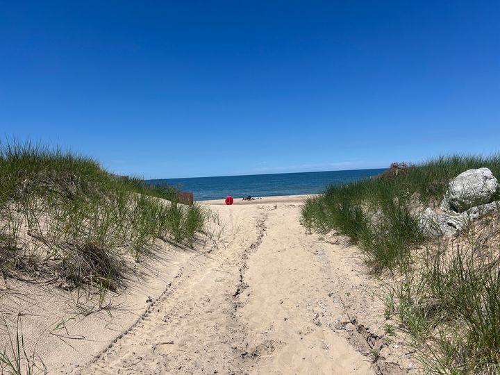 A sandy beach path leads to the ocean with grassy dunes on either side at Indiana Dunes National Park.