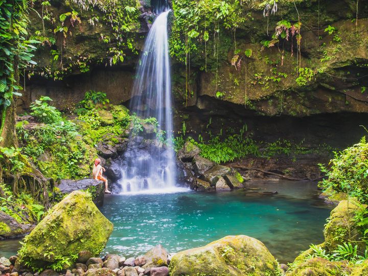 A swimmer sits on a rock overlooking the Emerald Pool swimming area and waterfall in Dominica.