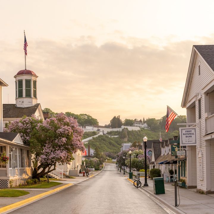 An empty street at dawn on Mackinac Island in Michigan.