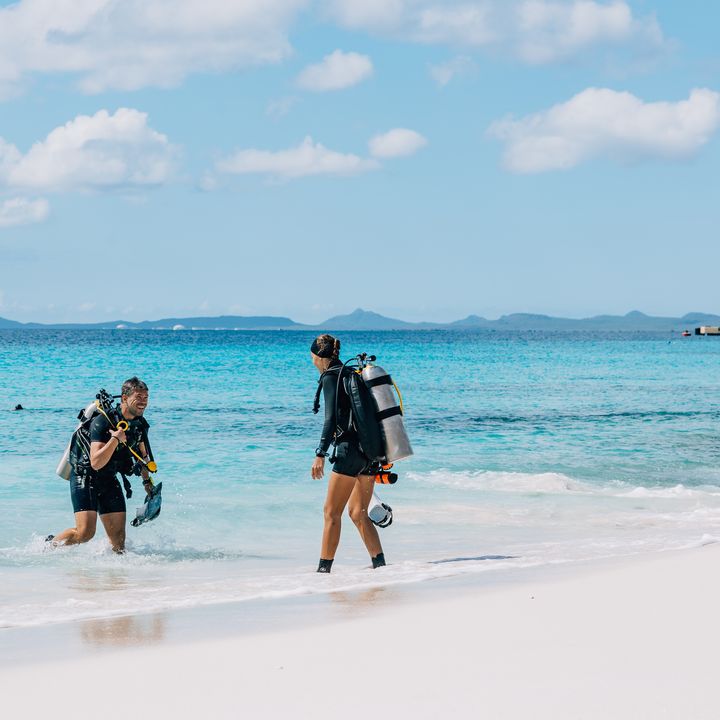 Three scuba divers emerging from the blue waters on a tropical beach in Bonaire.
