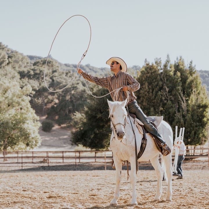 A man on a horse swinging a lasso into the air.
