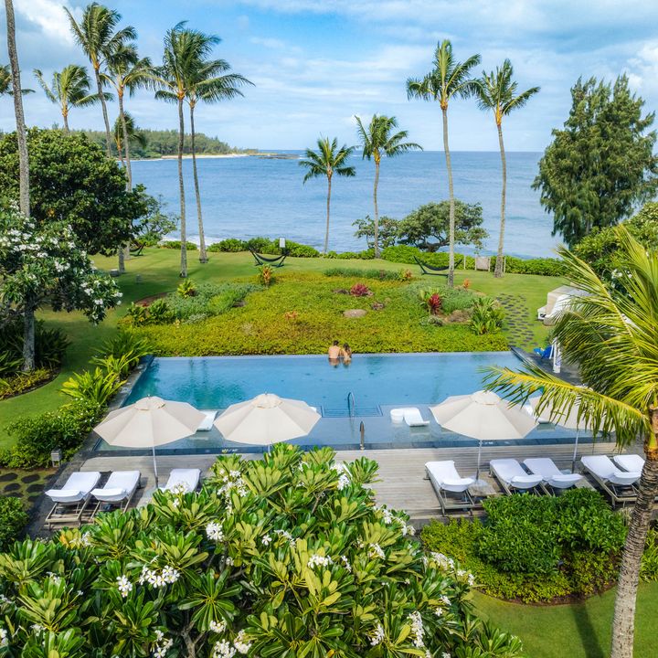 An infinity edge pool with two people alone at the edge surrounded by lush tropical landscaping and ocean views.