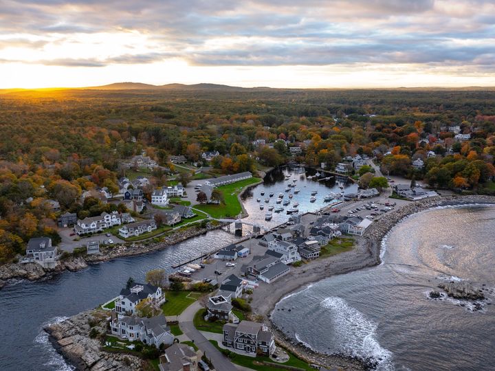 An aerial view over the town of Ogunquit, Maine, and Perkins Cove.