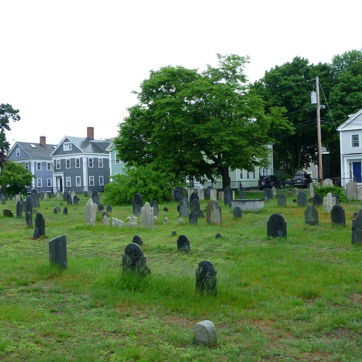 A graveyard in Salem, MA, with high grass and houses in the background.