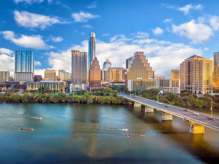 A view of the Austin, Texas, skyline as seen from the river.