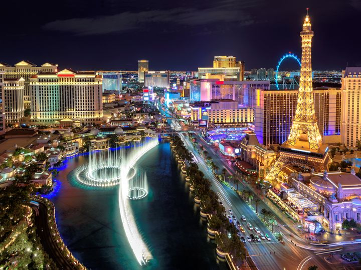 An aerial view of the Las Vegas Strip at night.