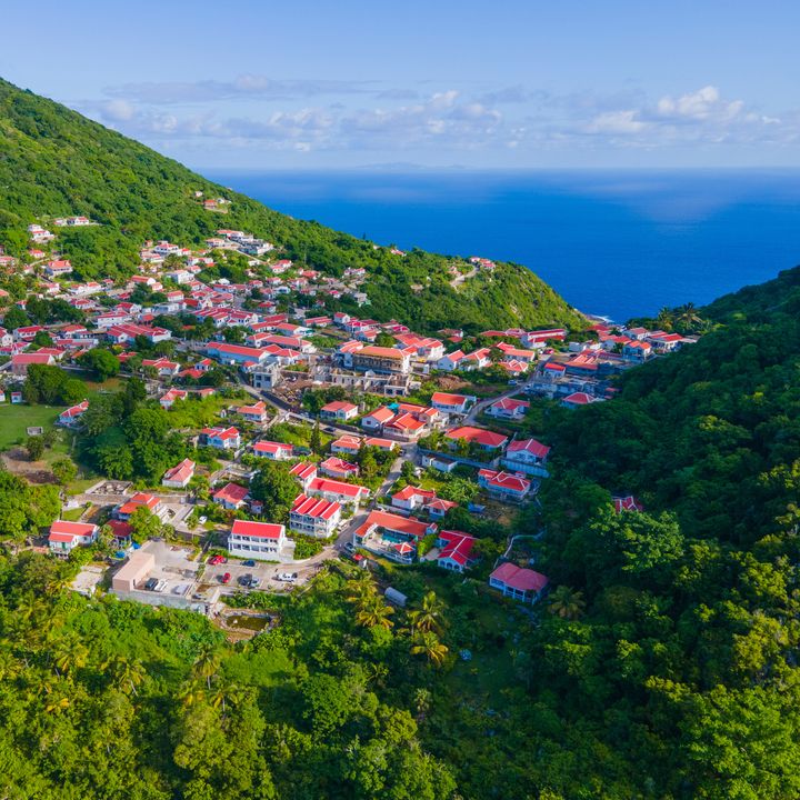 Aerial view of Windwardside, a historic town in Saba, Caribbean