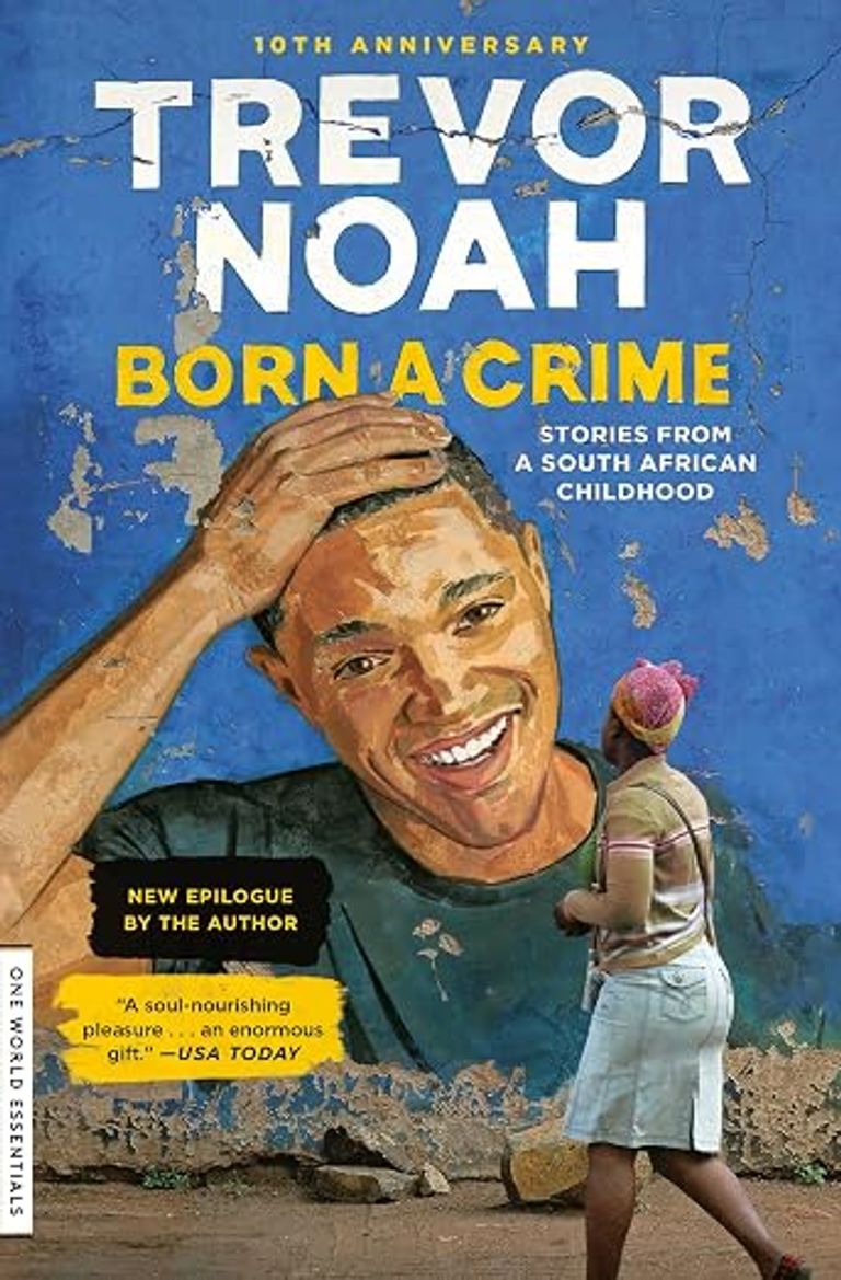 The book cover image for "Born a Crime" by Trevor Noah featuring an illustrated portrait of the author.