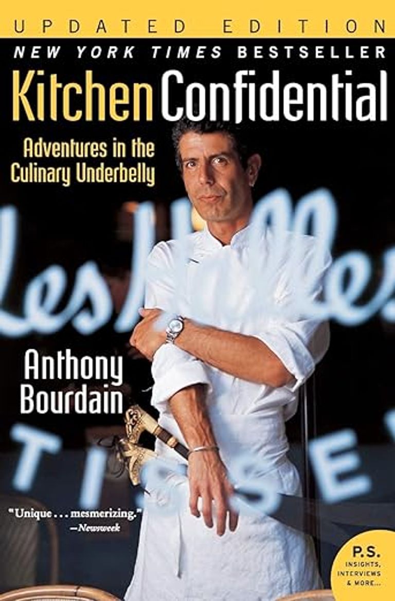 Cover image of "Kitchen Confidential" by Anthony Bourdain featuring a photo of the author in chef's whites