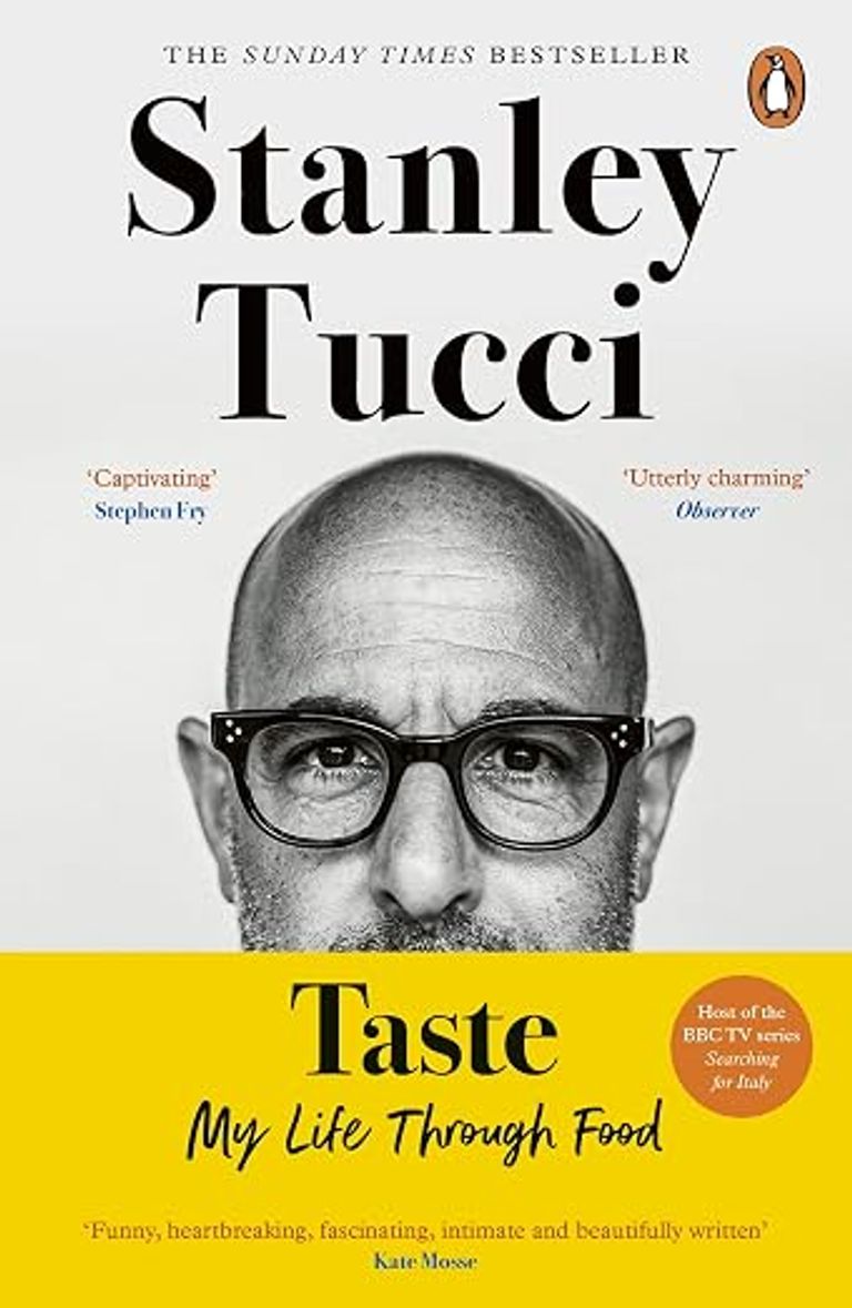 The book cover image for "Taste: My Life Through Food" by Stanley Tucci featuring a portrait of the top two-thirds of his face alongside the title.